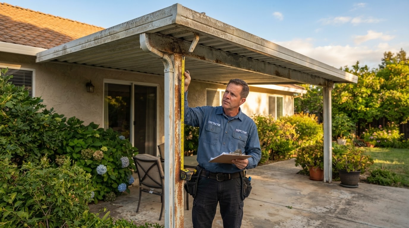 Installer inspecting a patio cover in Danville