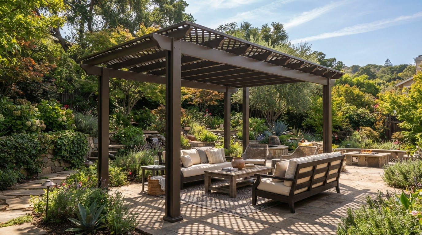 Pergola in a landscaped Walnut Creek backyard