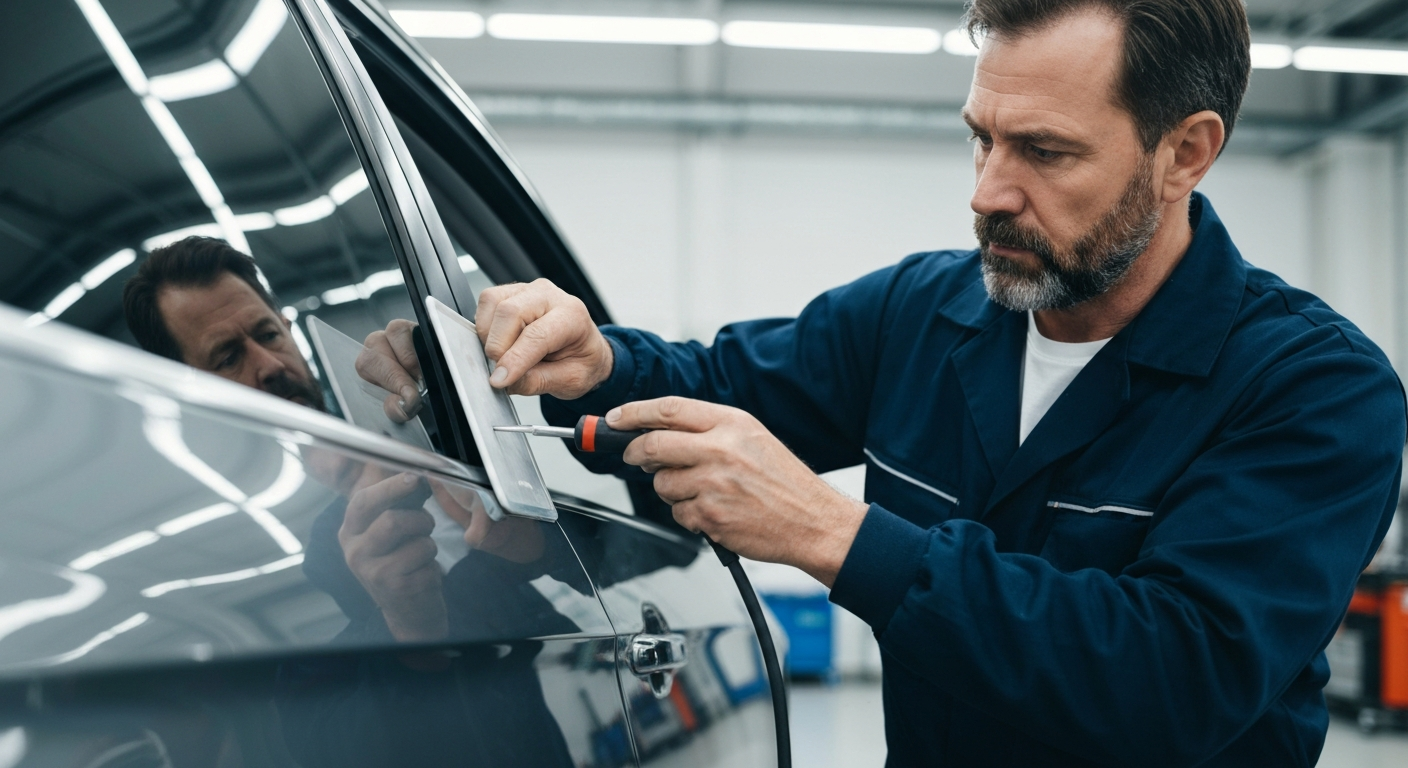 Dent repair being performed on a vehicle panel at Perez Auto Body in Salinas, CA