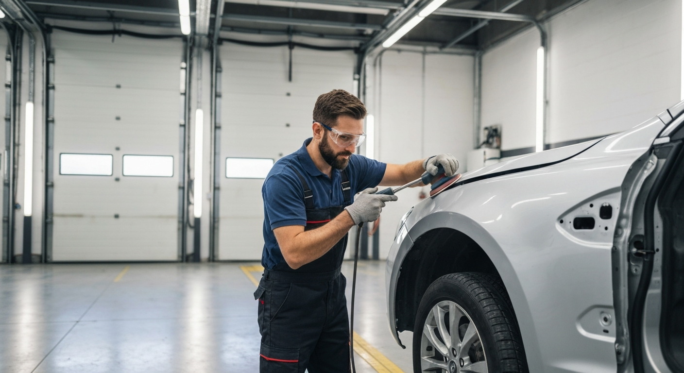Collision repair underway on a vehicle at Perez Auto Body in Salinas, CA