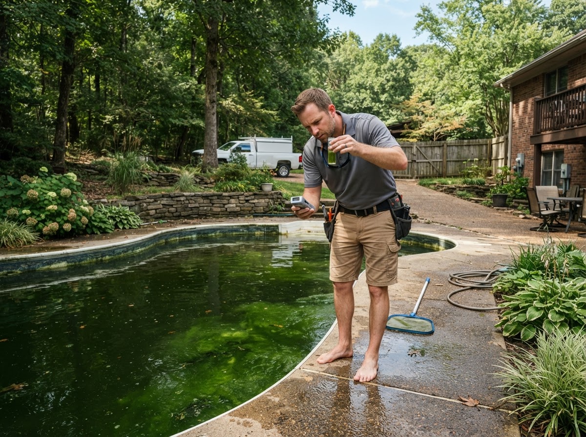Professional green pool cleanup evaluation in Henderson Kentucky