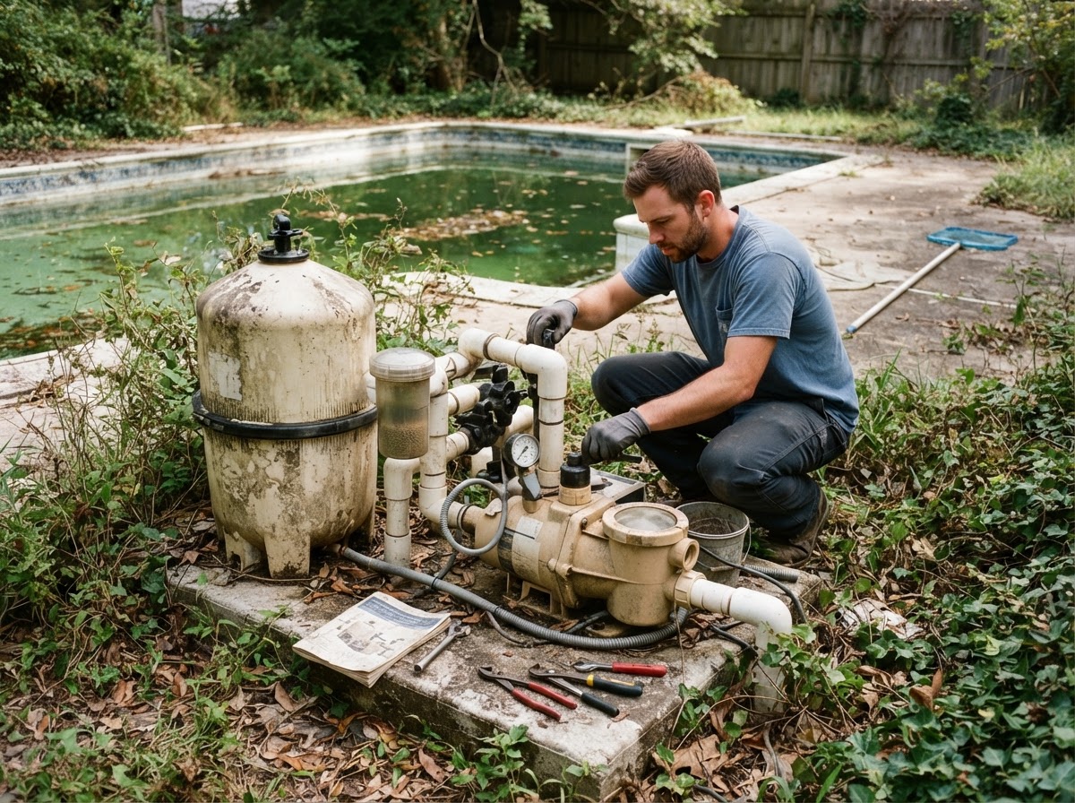 Pool filtration and circulation inspection during green pool cleanup