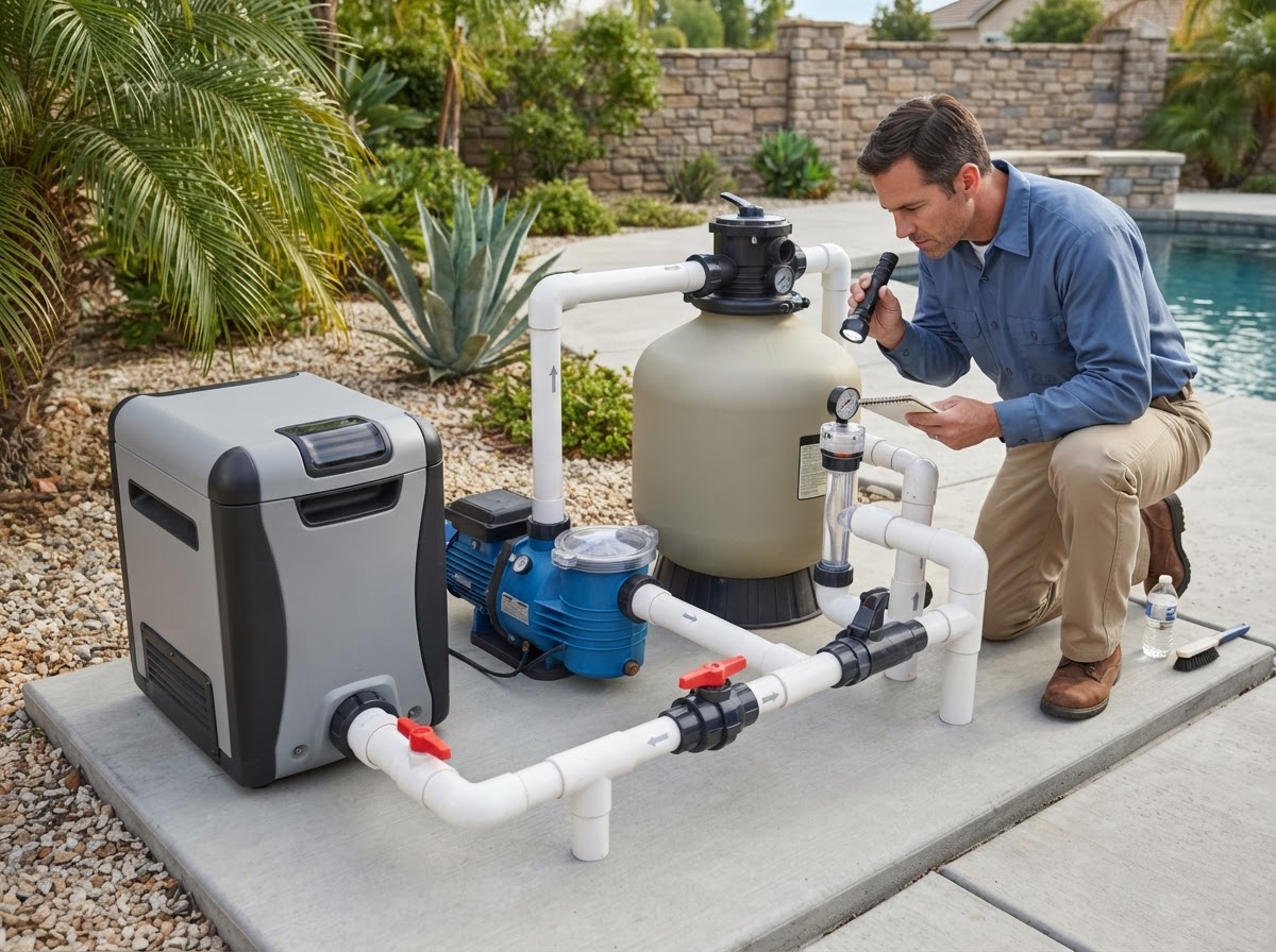 Residential pool heater and water flow system inspection