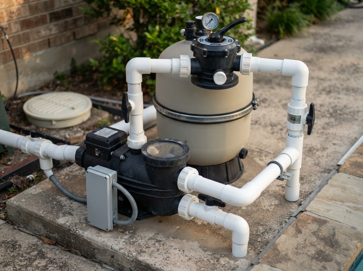 Residential pool pump filter and plumbing repair system