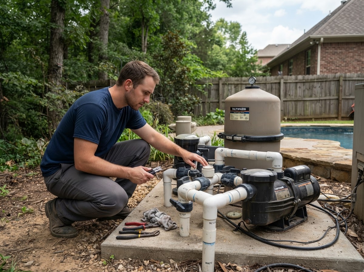 Pool repair technician inspecting equipment in Henderson KY