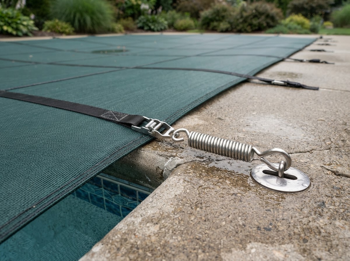 Residential pool safety cover hardware and professional installation