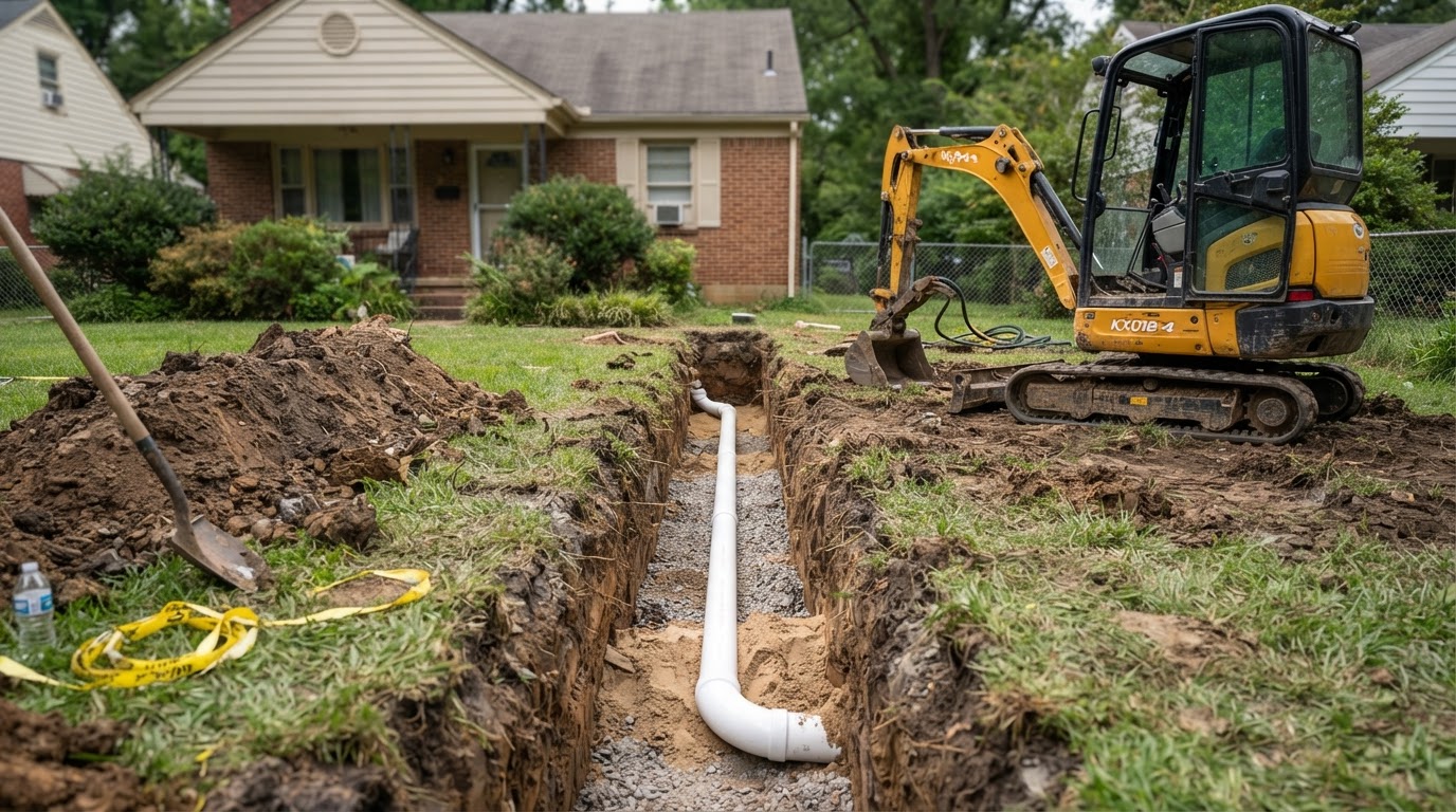 Residential open cut trench with new PVC sewer pipe installed