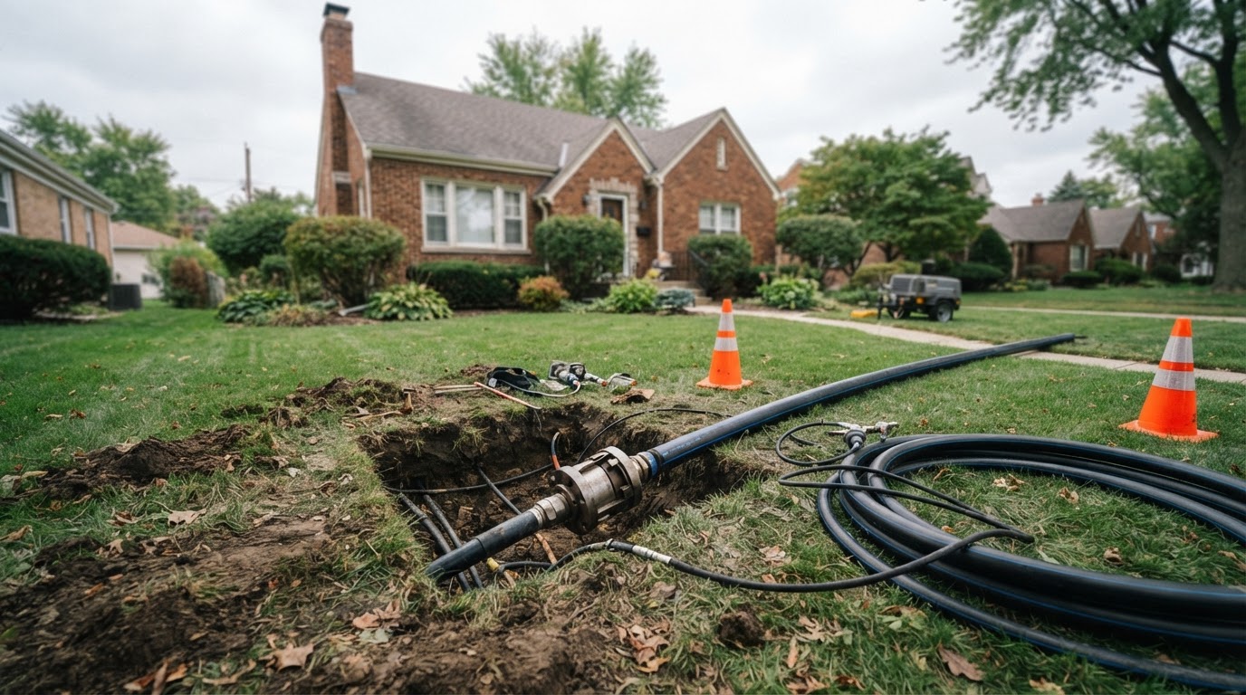Front yard of an older brick home with a small trenchless sewer access pit and a pipe-bursting head and new plastic pipe staged beside it