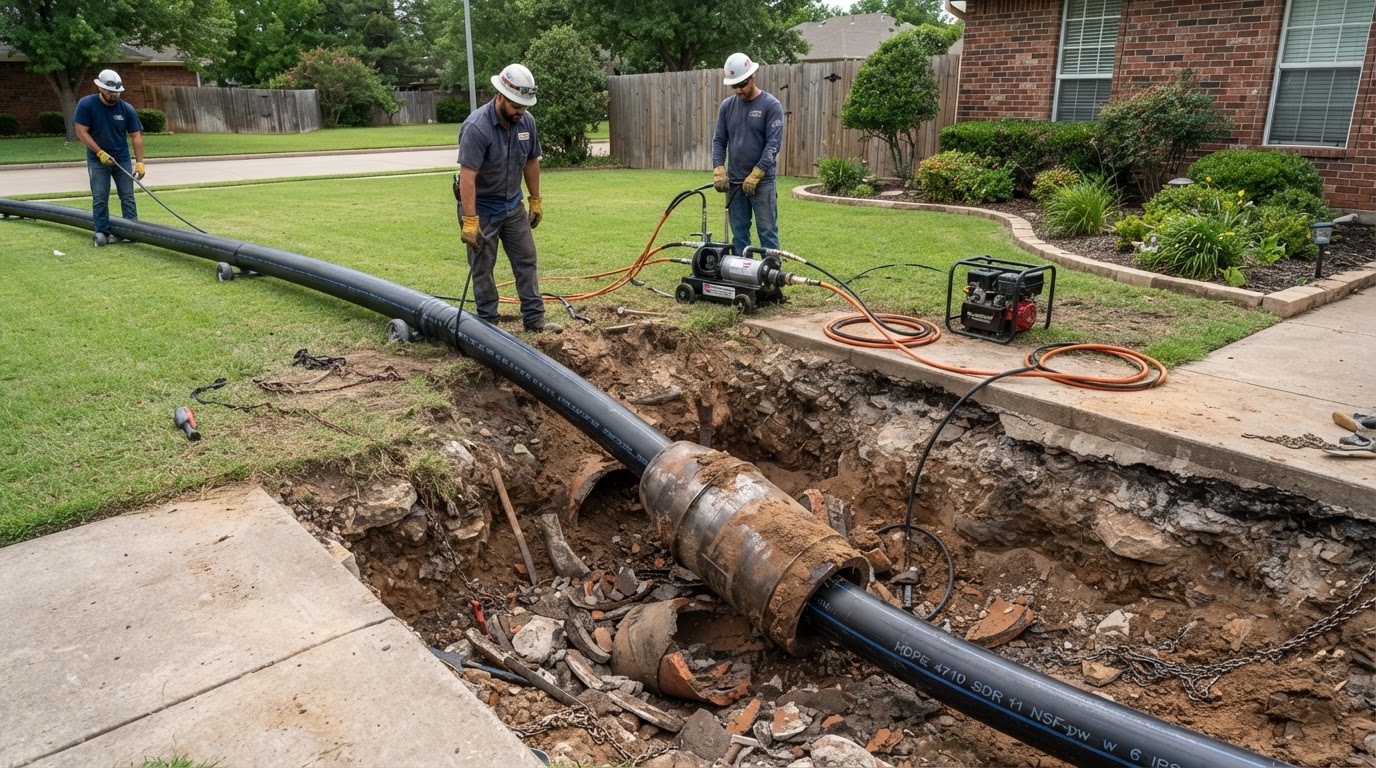 Pipe-bursting head and new plastic pipe at a residential access pit