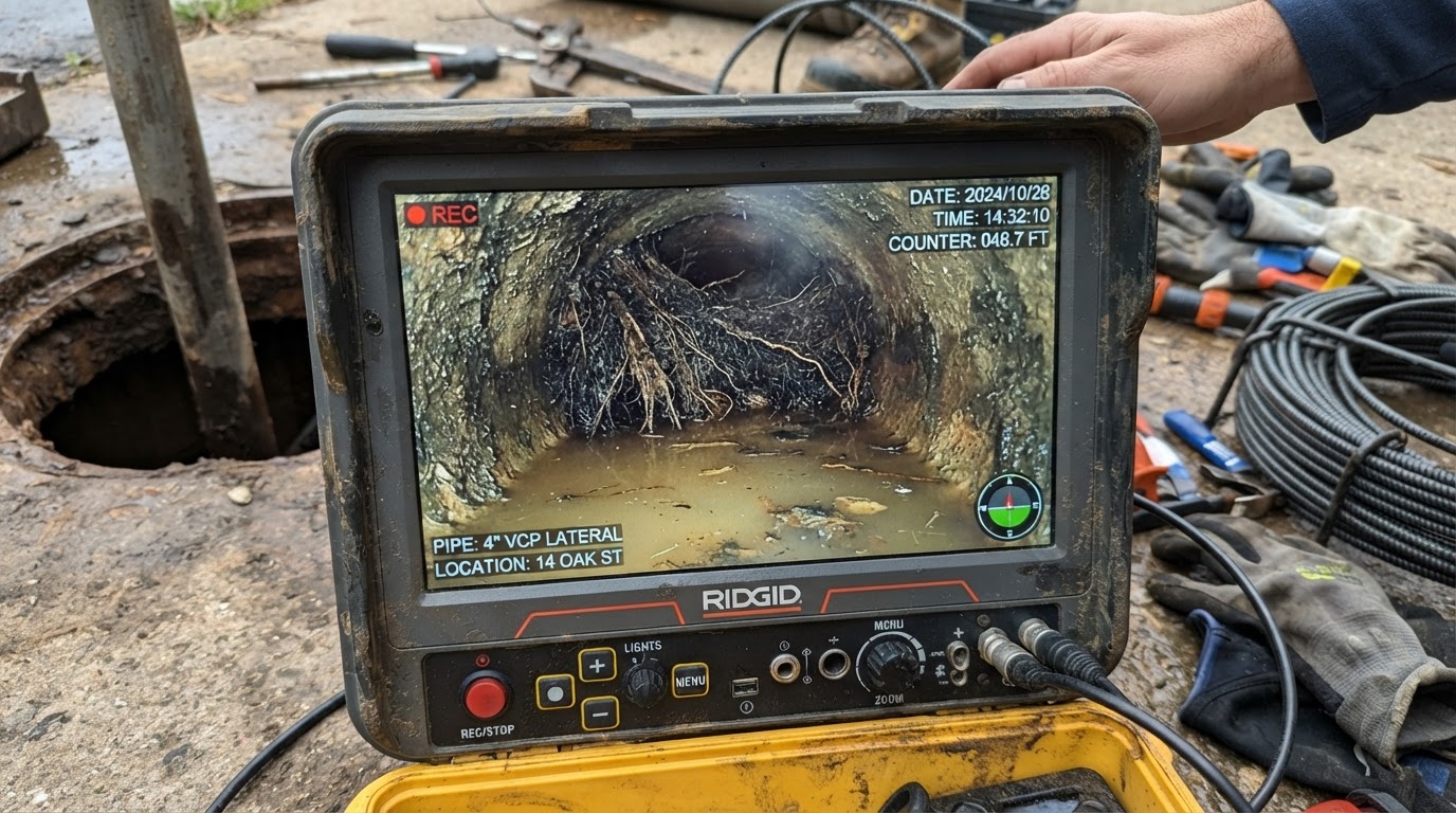 Sewer camera inspection monitor showing standing water and root mass inside a clay sewer line