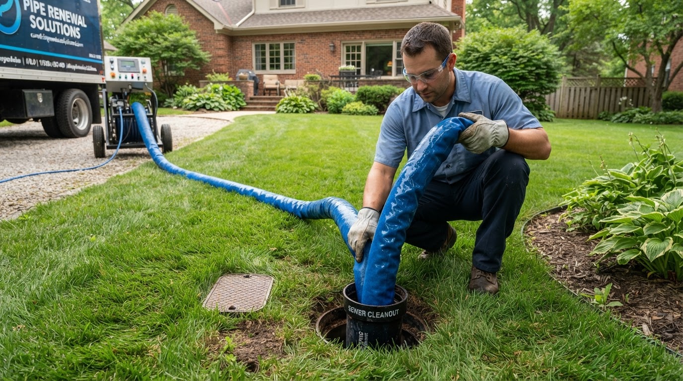 Resin saturated CIPP sewer liner tube being fed into a cleanout pipe