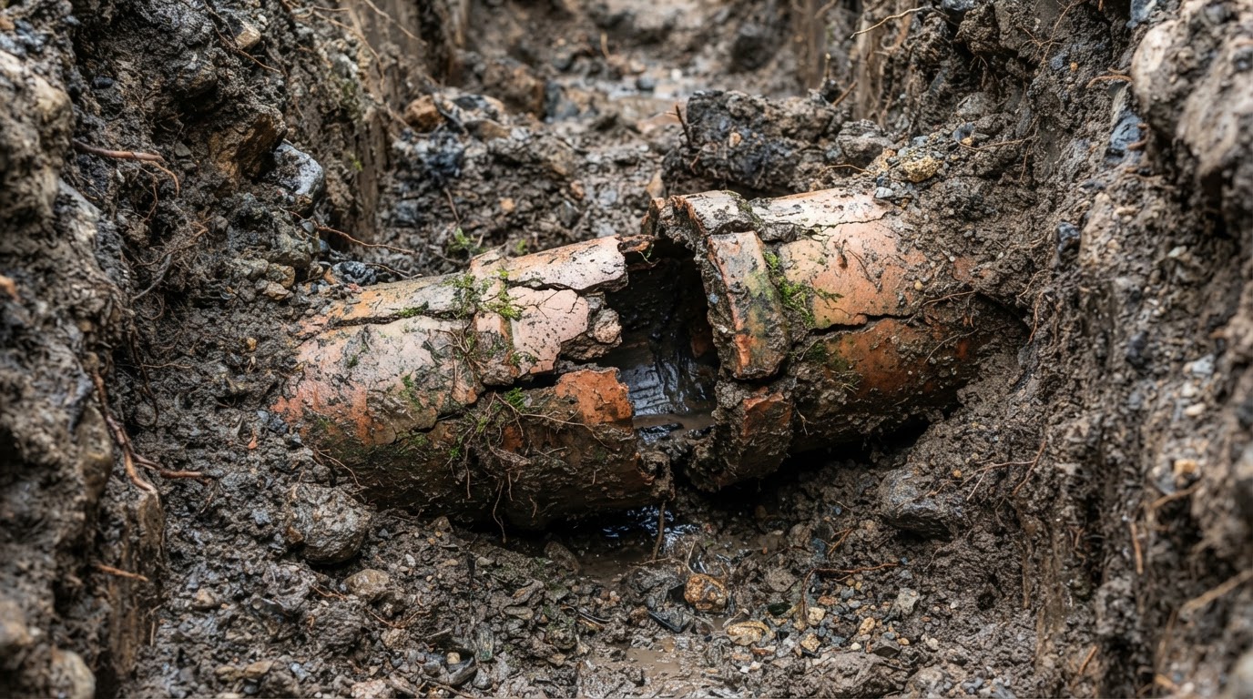 Excavated section of old cracked and offset clay tile sewer pipe