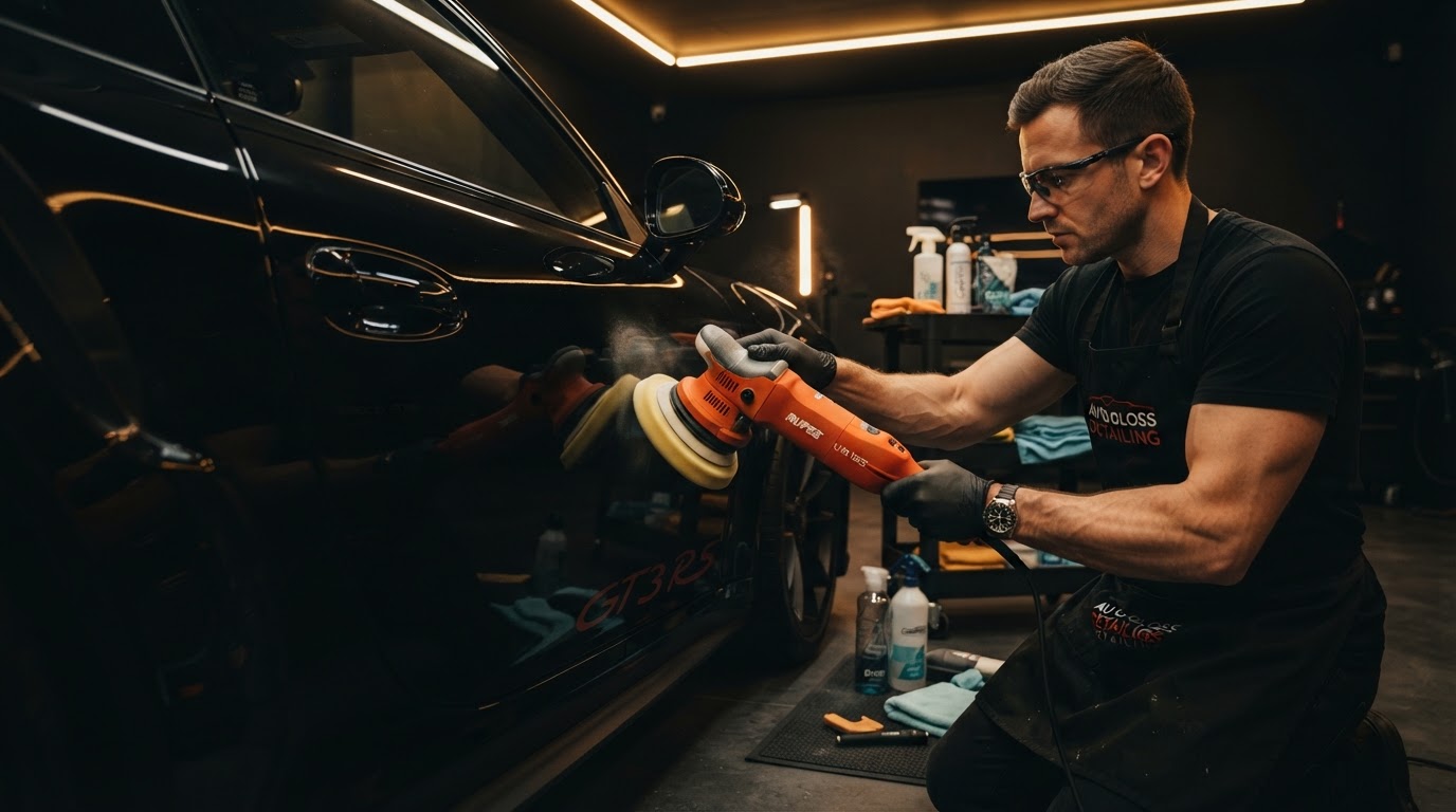 Proceso profesional de detailing con pulidora de precisión
