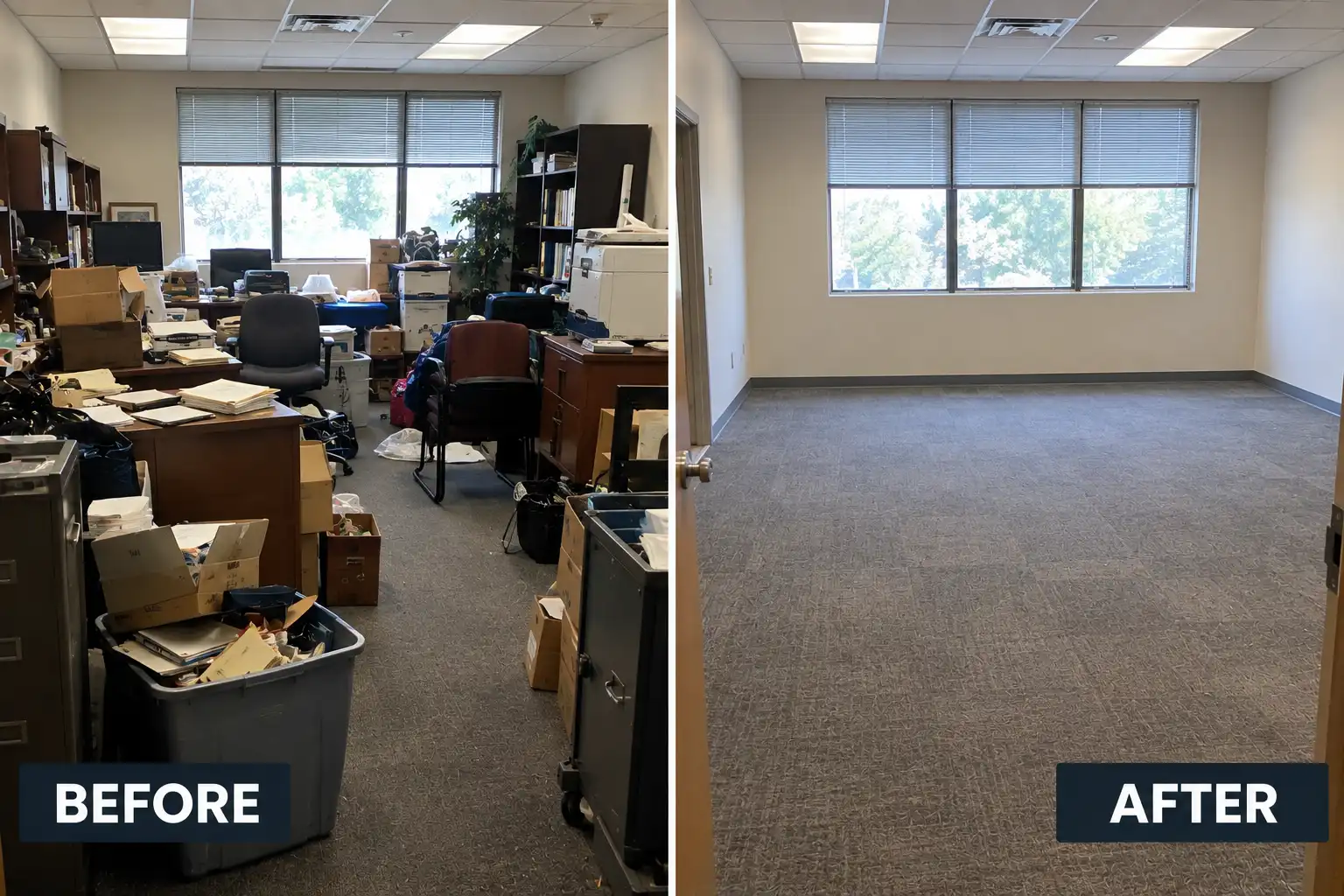 Before and after commercial junk removal in St. Charles, MO — cluttered office cleared to empty carpet
