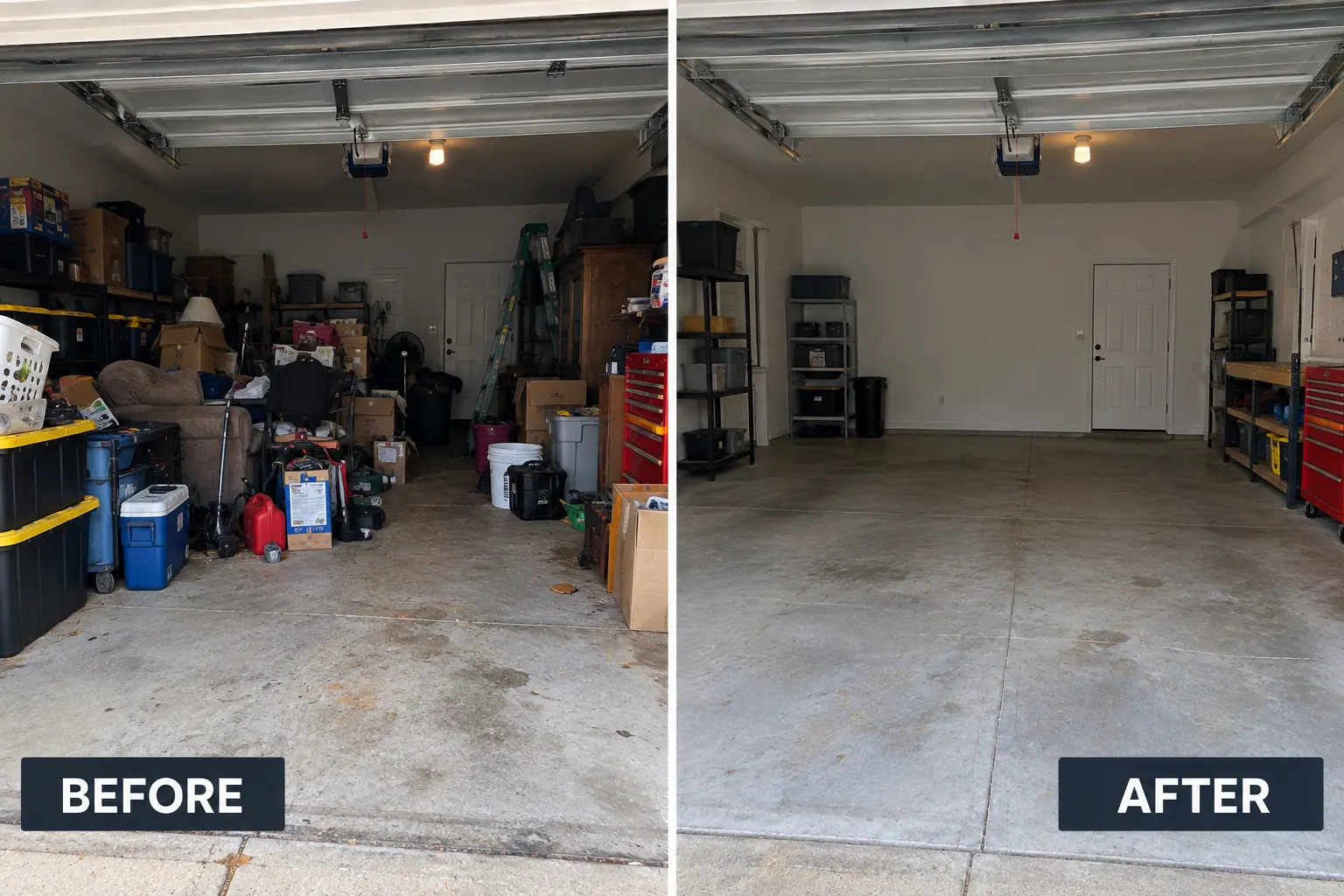 Before and after garage cleanout in St. Charles, MO — cluttered garage cleared and swept