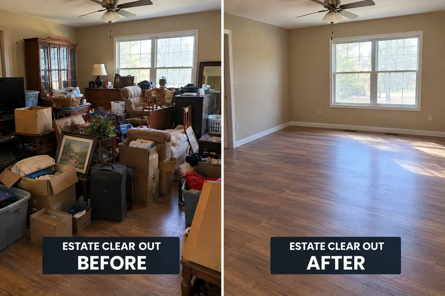 Before and after estate cleanout in St. Charles, MO — cluttered room cleared out