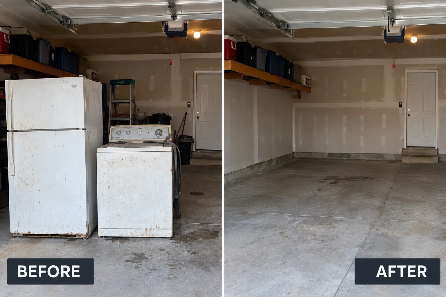 Before and after appliance removal in St. Charles, MO — old refrigerator and washer hauled away