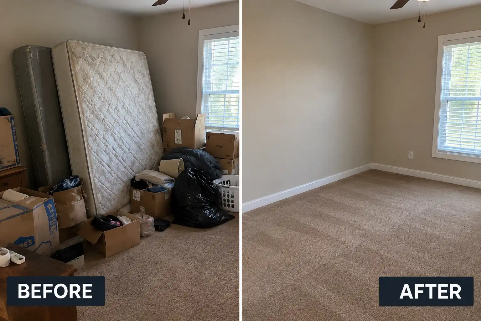 Before and after mattress removal in St. Charles, MO — old mattresses and box springs hauled from a bedroom