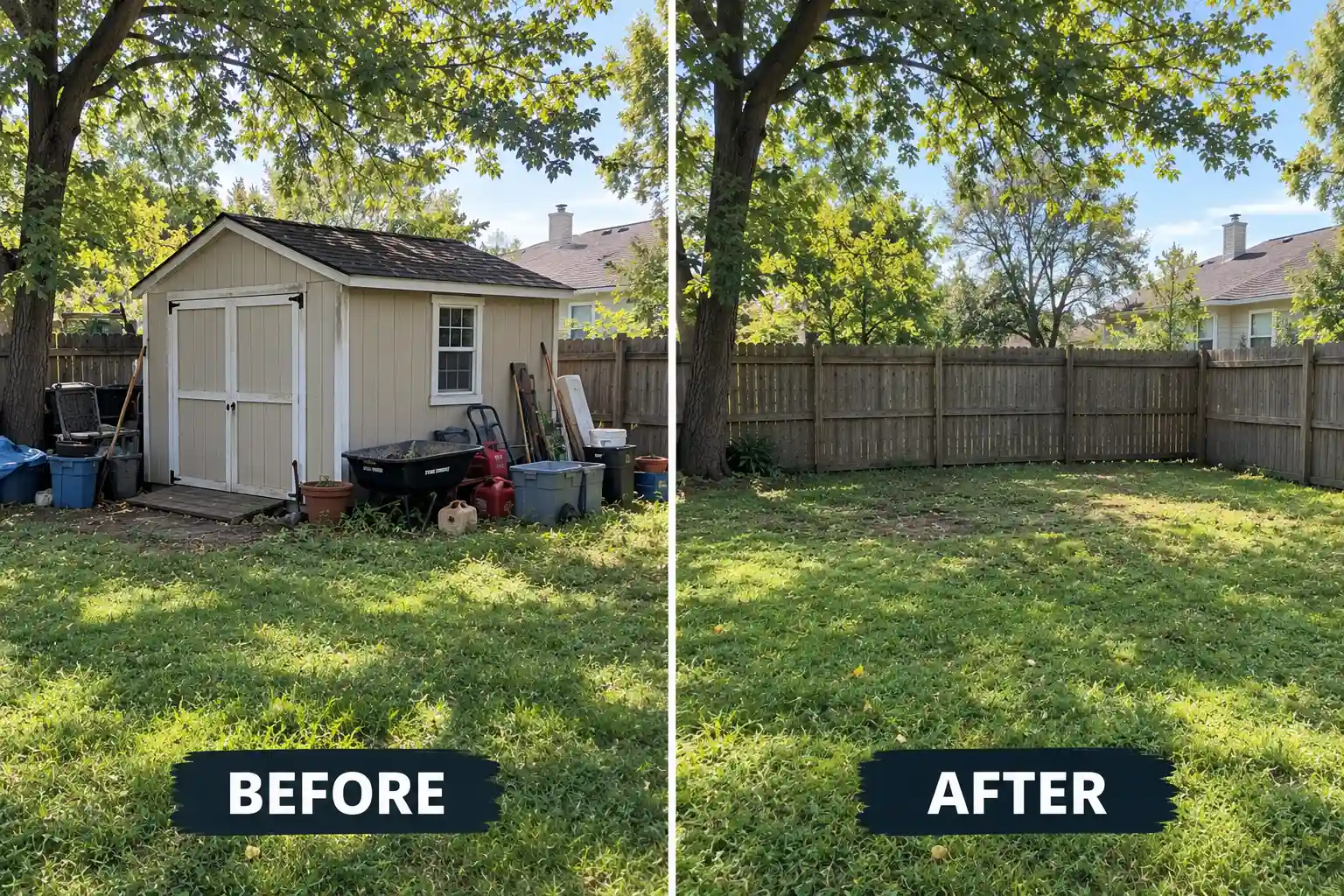 Before and after shed removal in St. Charles, MO — backyard shed cleared and hauled away