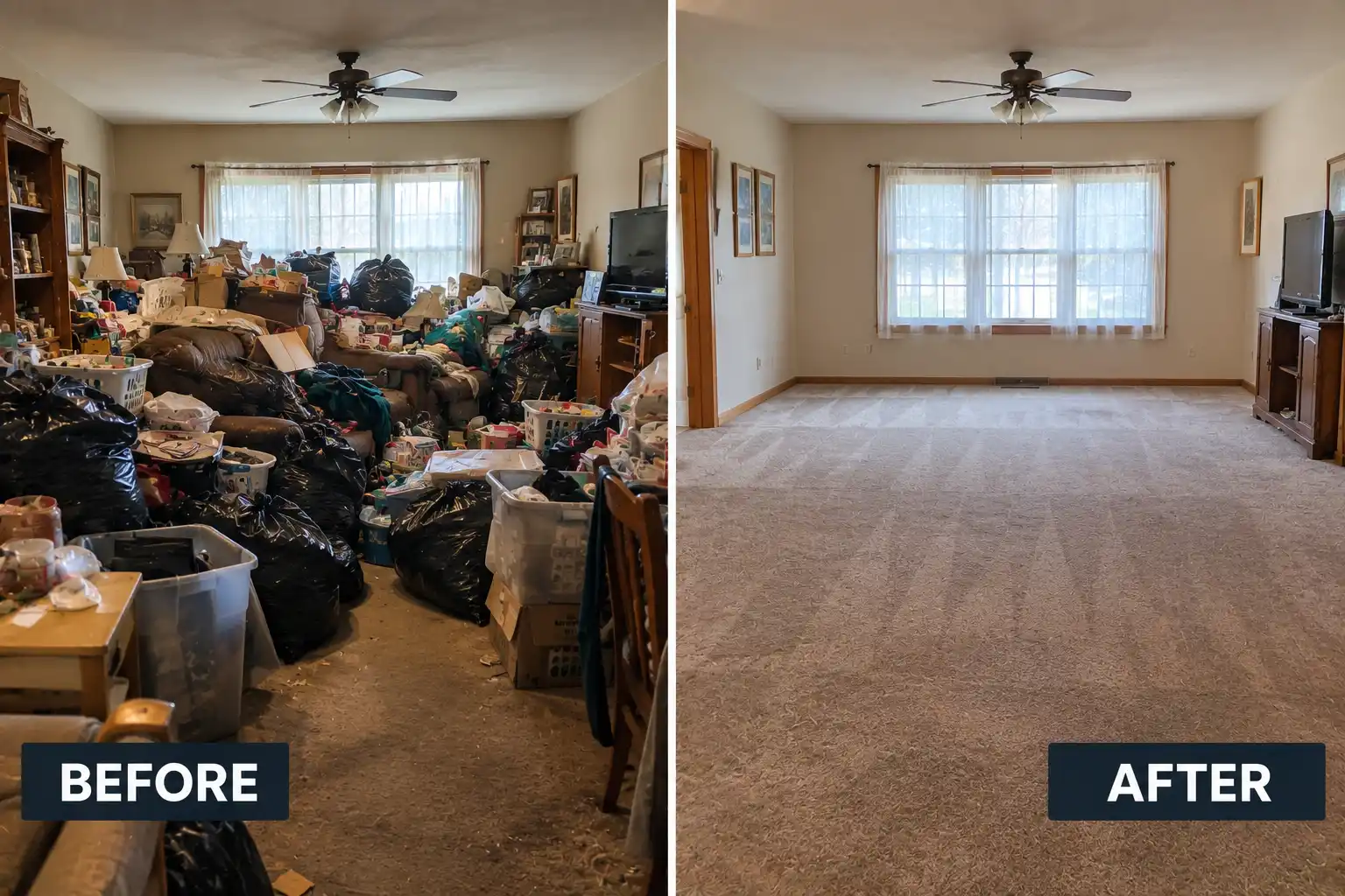 Before and after hoarding cleanup in St. Charles, MO — cluttered living room cleared to empty carpet