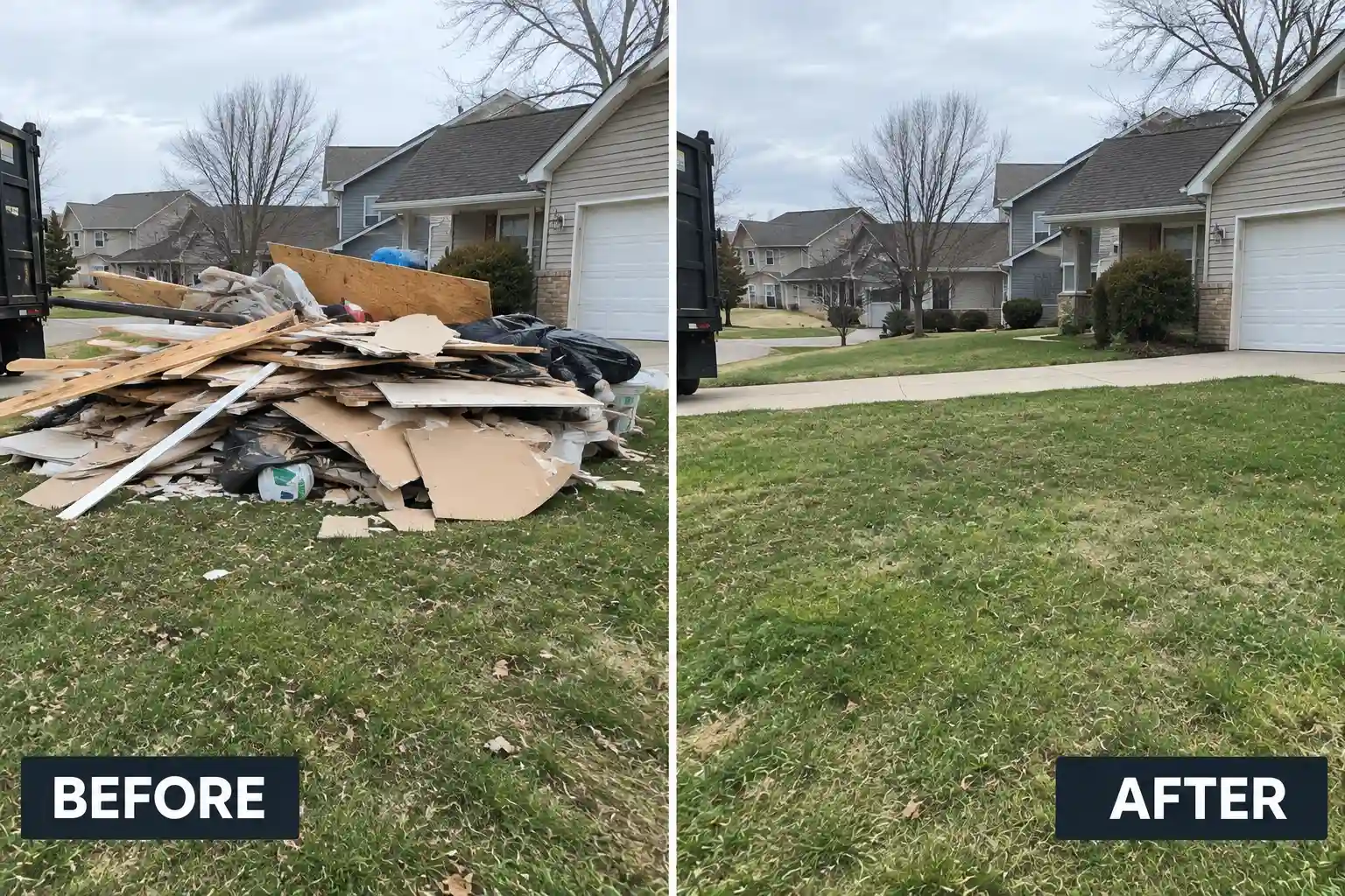 Before and after construction debris removal in St. Charles, MO — job site pile cleared from front yard