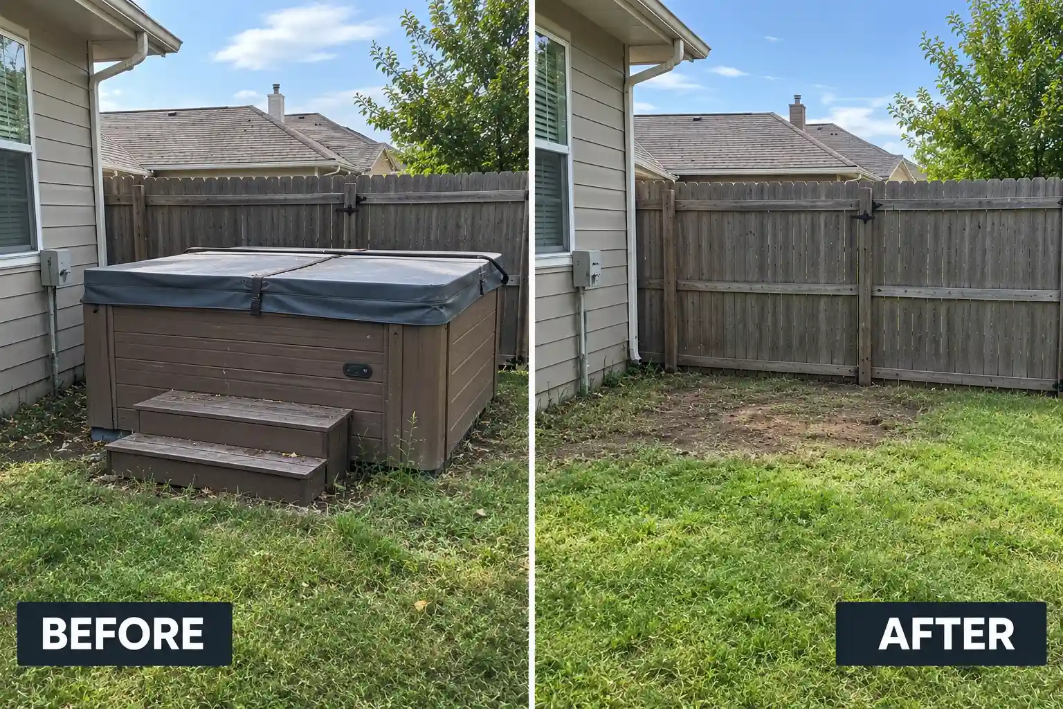 Before and after hot tub removal in St. Charles, MO — old hot tub cleared from a backyard