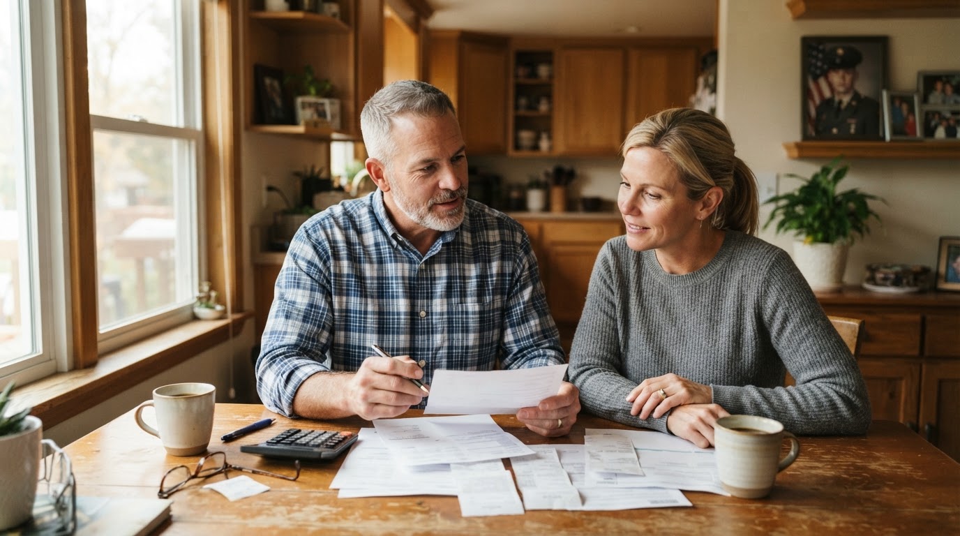 A U.S. veteran and spouse reviewing household finances together at their kitchen table