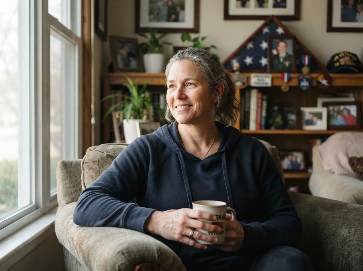 A U.S. veteran at home looking relaxed and optimistic after reviewing financial options