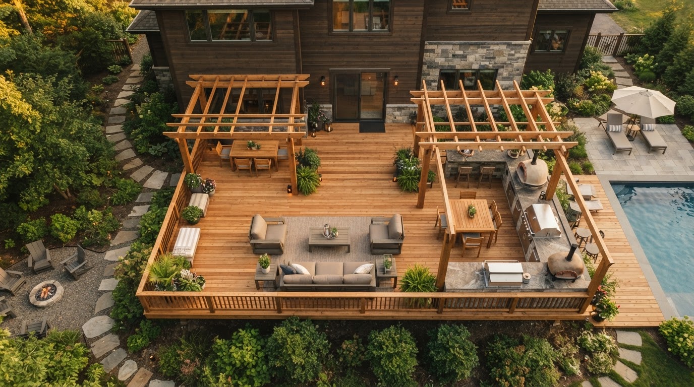 Bird's-eye view of a finished wooden back porch built by DNR Projects
