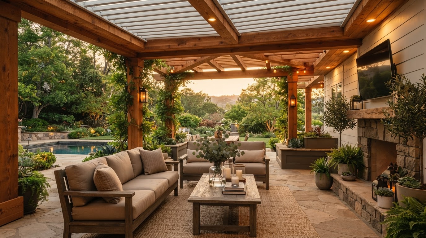 Finished shaded patio cover outdoor living area built by DNR Projects