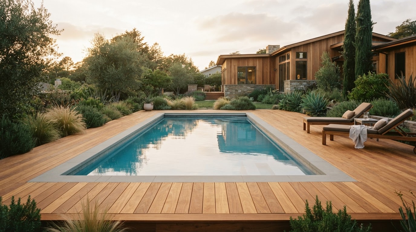 Newly built wooden pool deck by DNR Projects surrounding a backyard pool