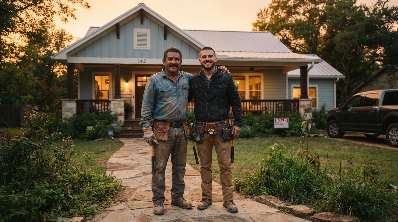 DNR Projects Hispanic father and son construction team in front of a renovated East Texas home