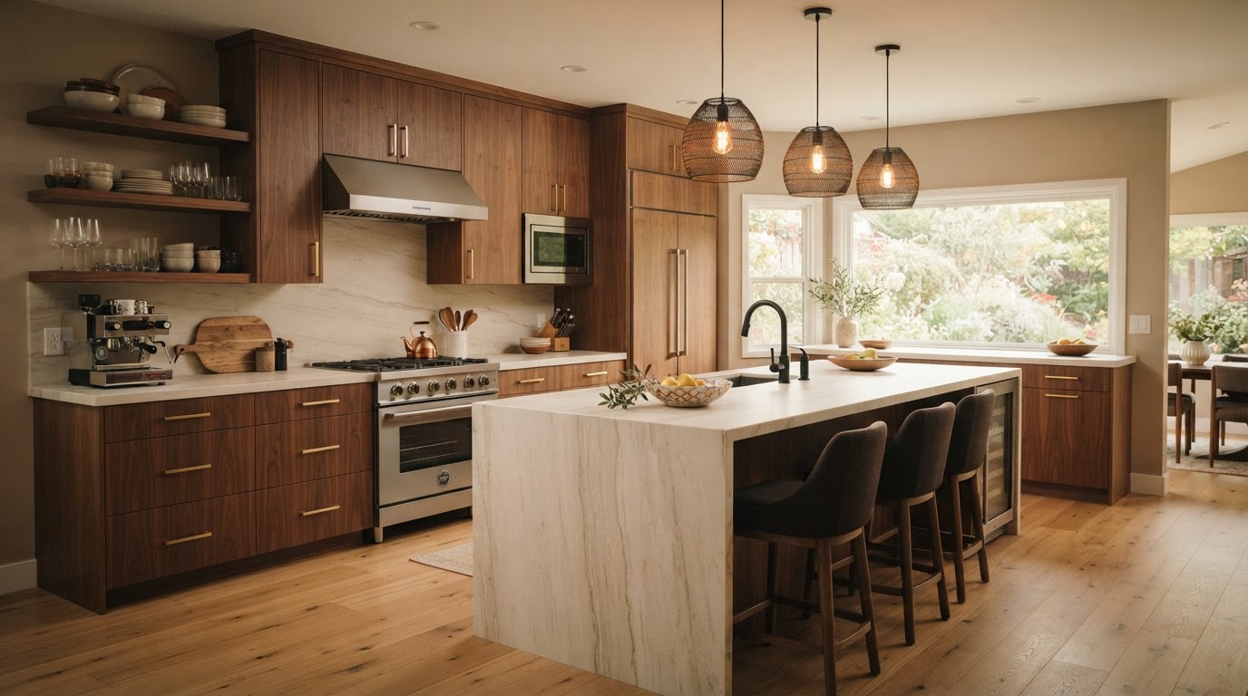 Newly remodeled modern kitchen with warm wood cabinetry by DNR Projects
