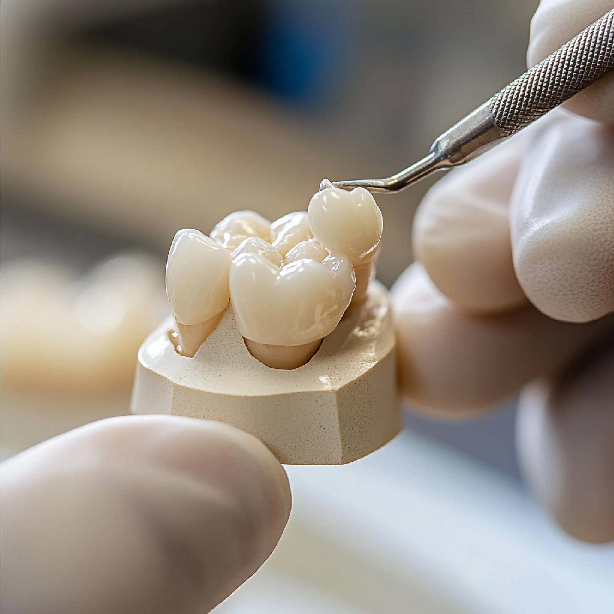 Fogorvos kézben tart egy precízen elkészített, több tagból álló fogászati hidat az Avenue Dental klinikán