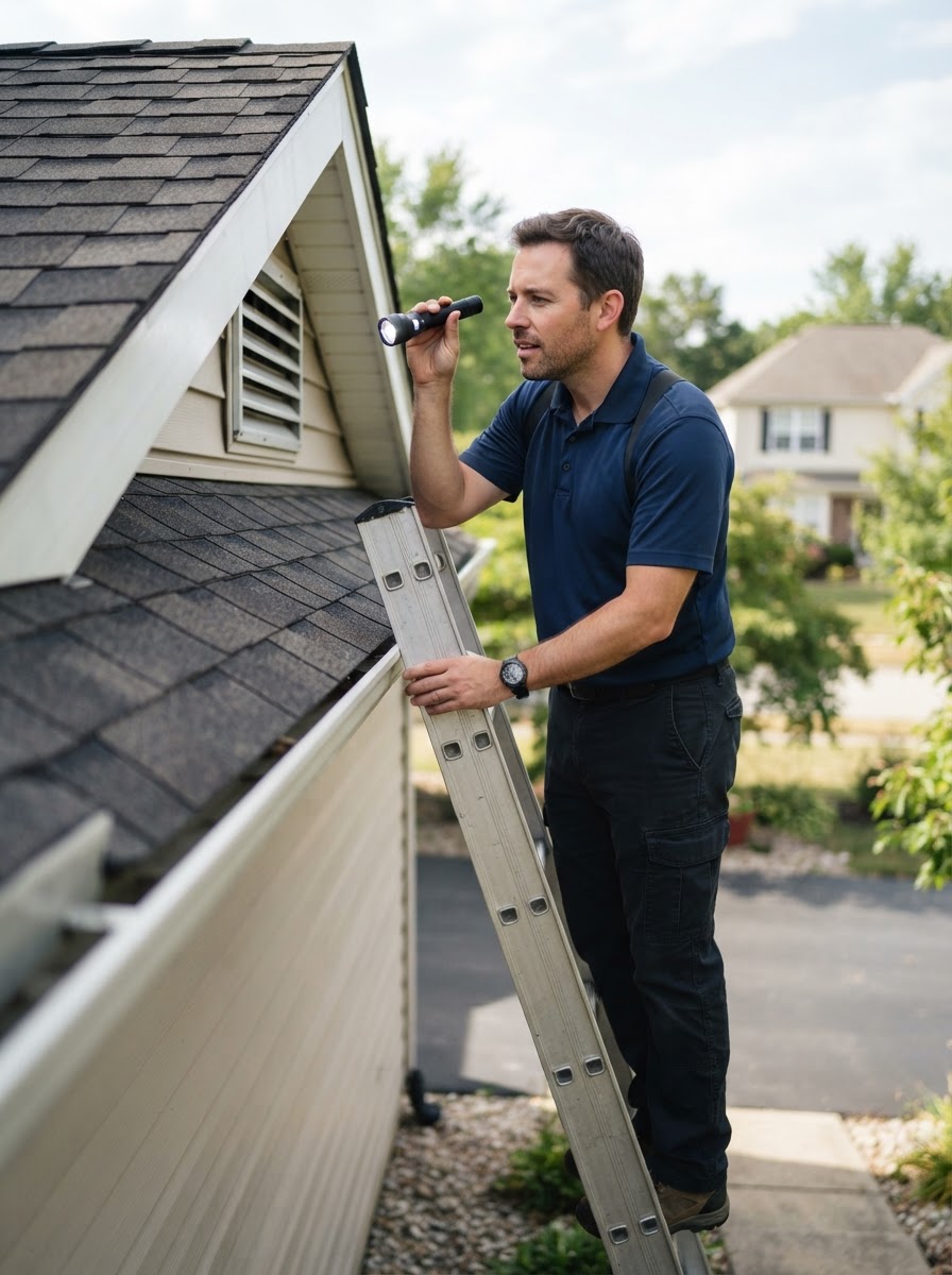 Professional male home inspector in a navy polo examining a roofline with a flashlight from a ladder