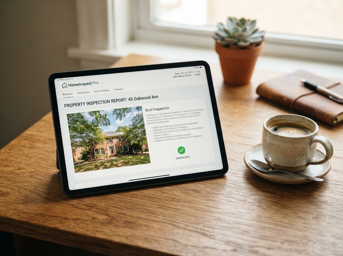 Home inspection report shown on a tablet on a wooden desk beside a coffee cup