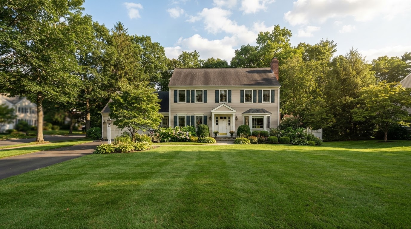 Well-maintained two-story colonial suburban home on Long Island with trimmed lawn and mature trees
