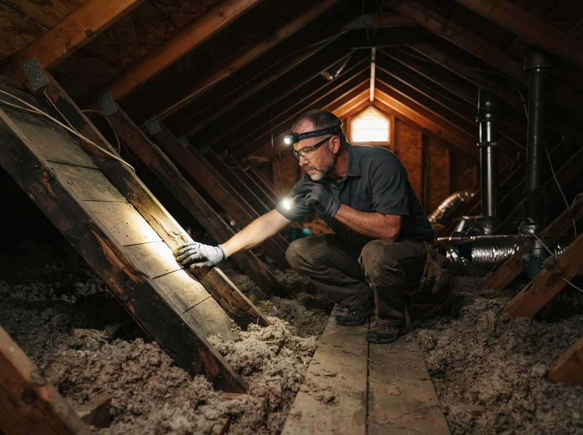 Home inspector crouched inside a residential attic examining insulation with a flashlight beam