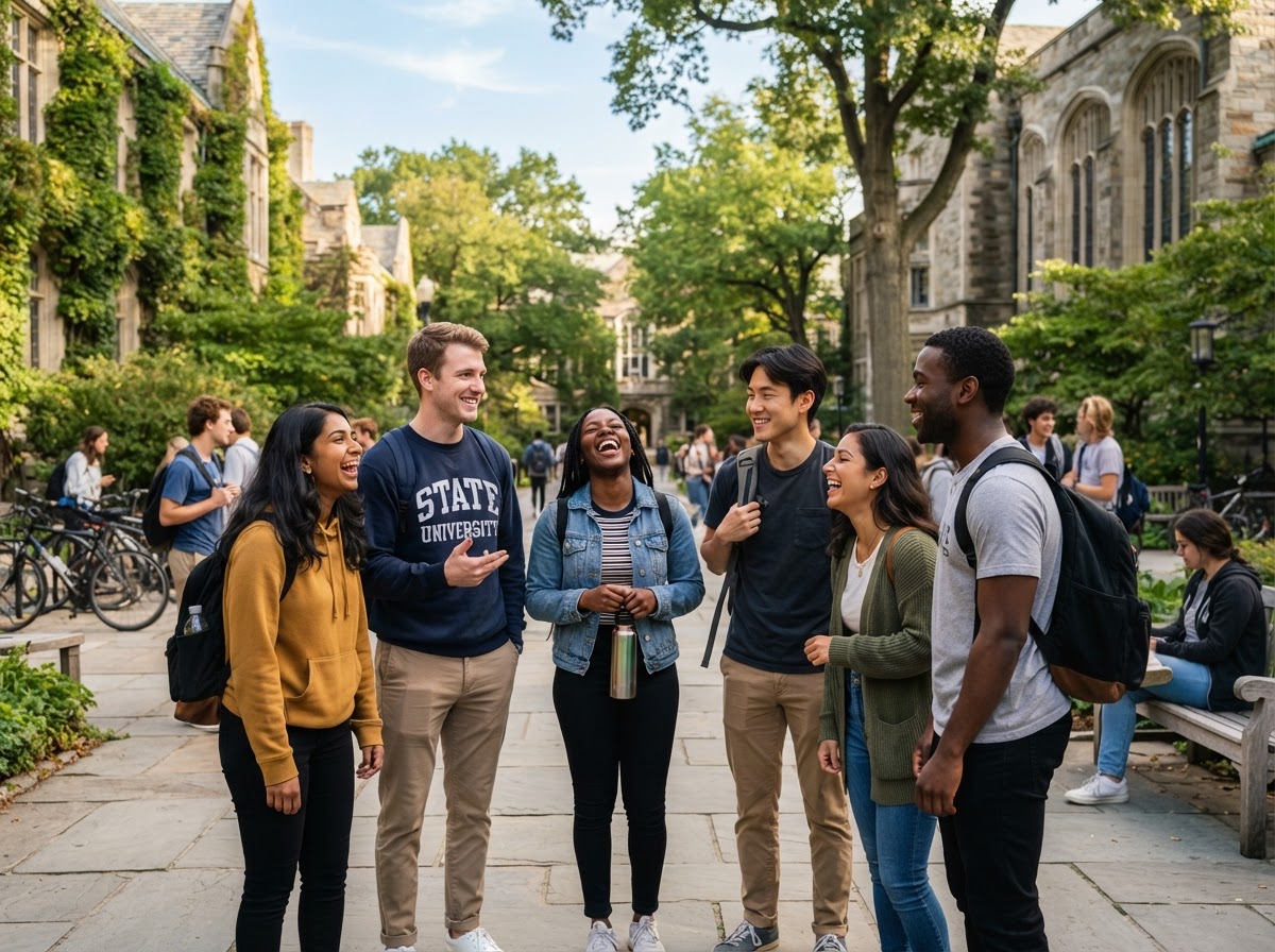 Diverse St. Michael's university students smiling together
