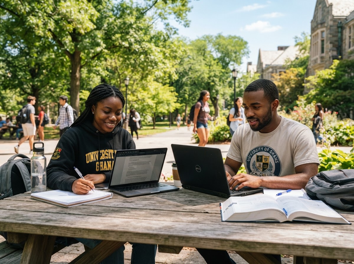 Students collaborating with laptops outdoors in university club