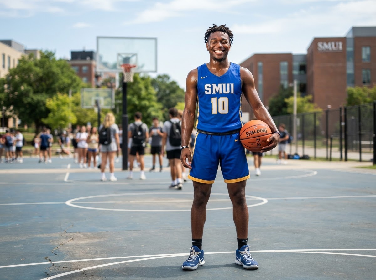 Student athlete holding a basketball in blue St. Michael's jersey