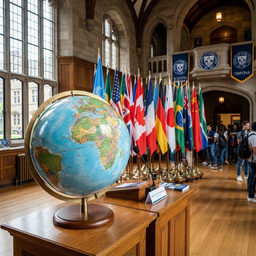 Globe with international flags representing global community