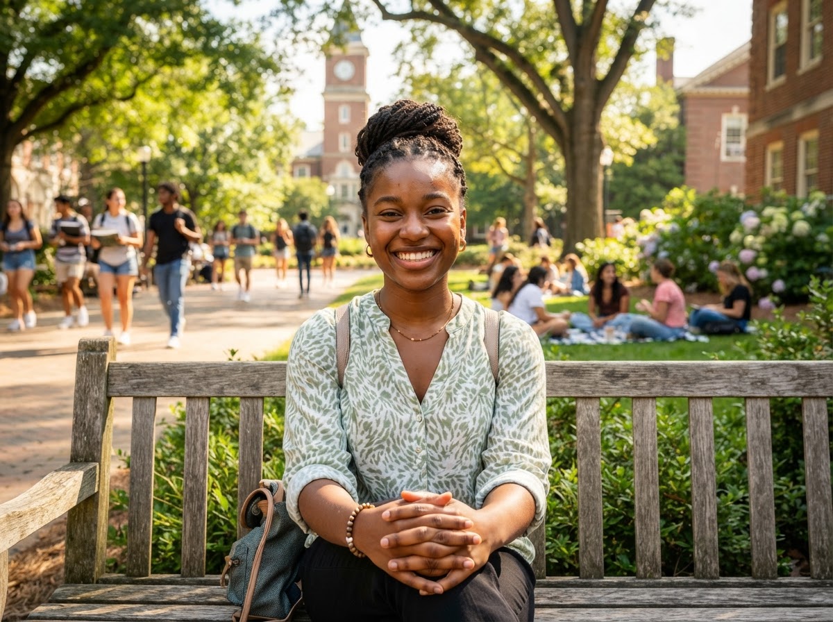 Smiling young female student enjoying wellness in campus park