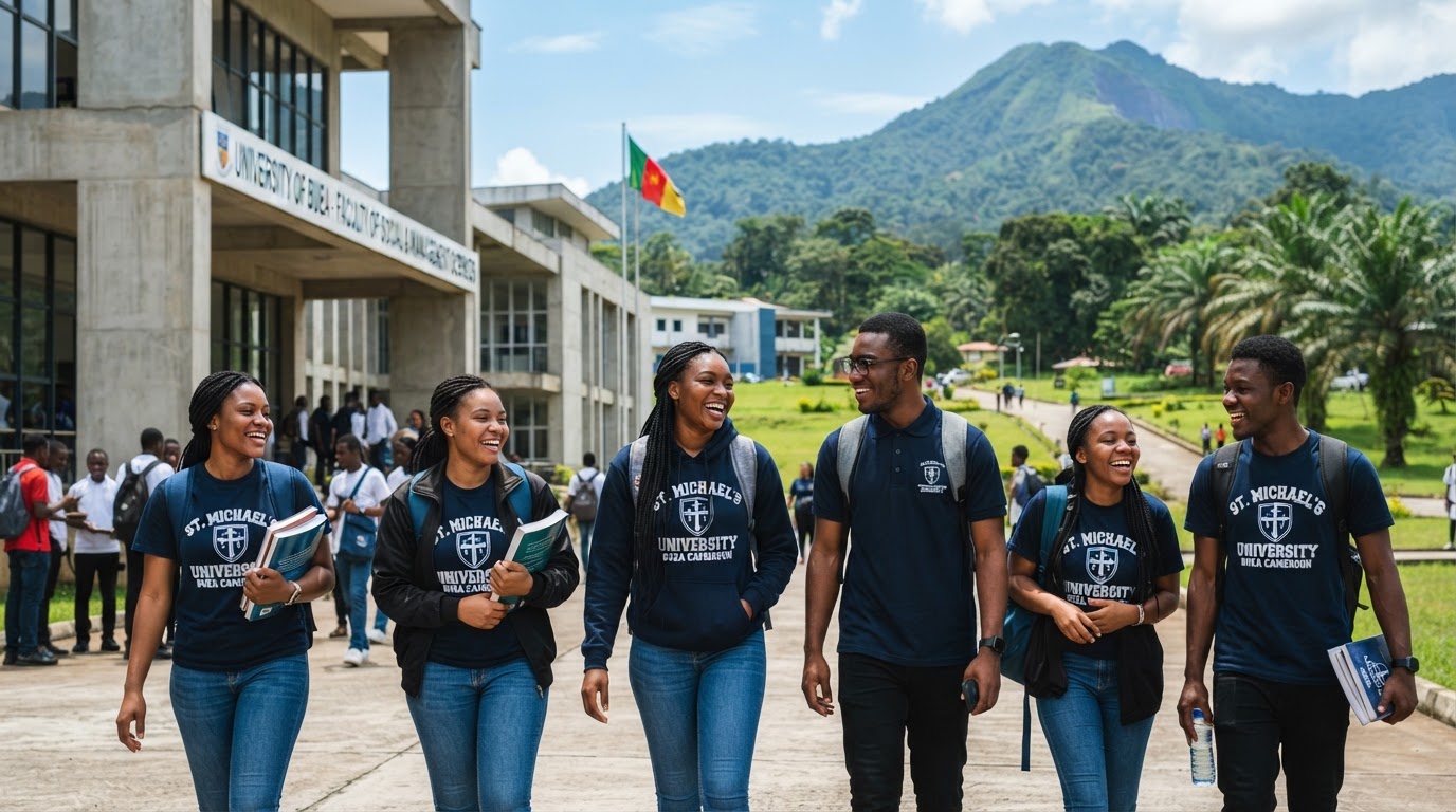 St. Michael's university students smiling and walking outside campus