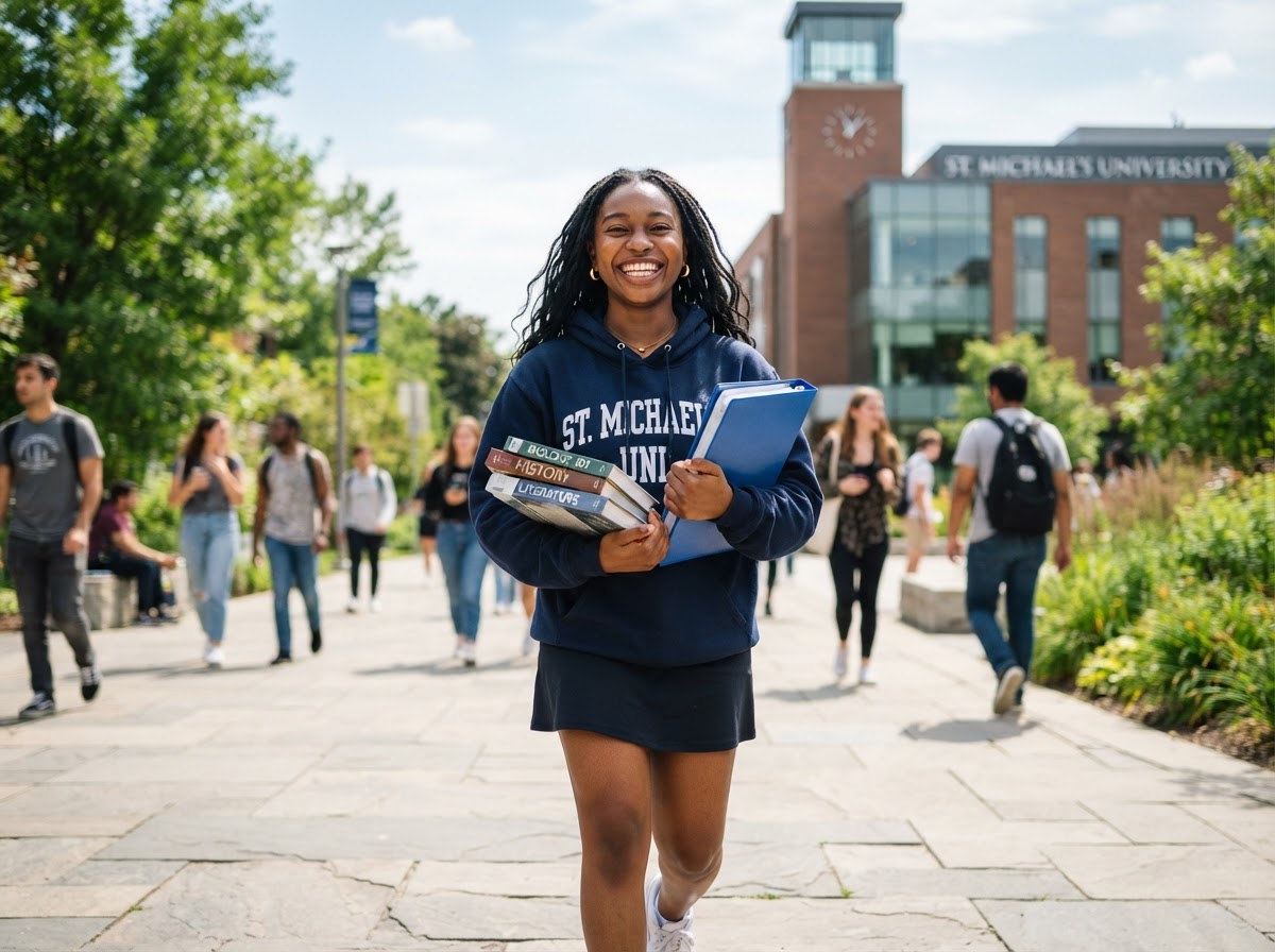 St. Michael's University student smiling on campus with books
