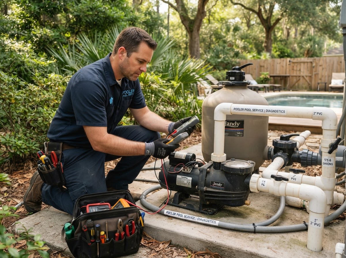 Pool pump repair technician inspecting pool equipment in Pooler GA