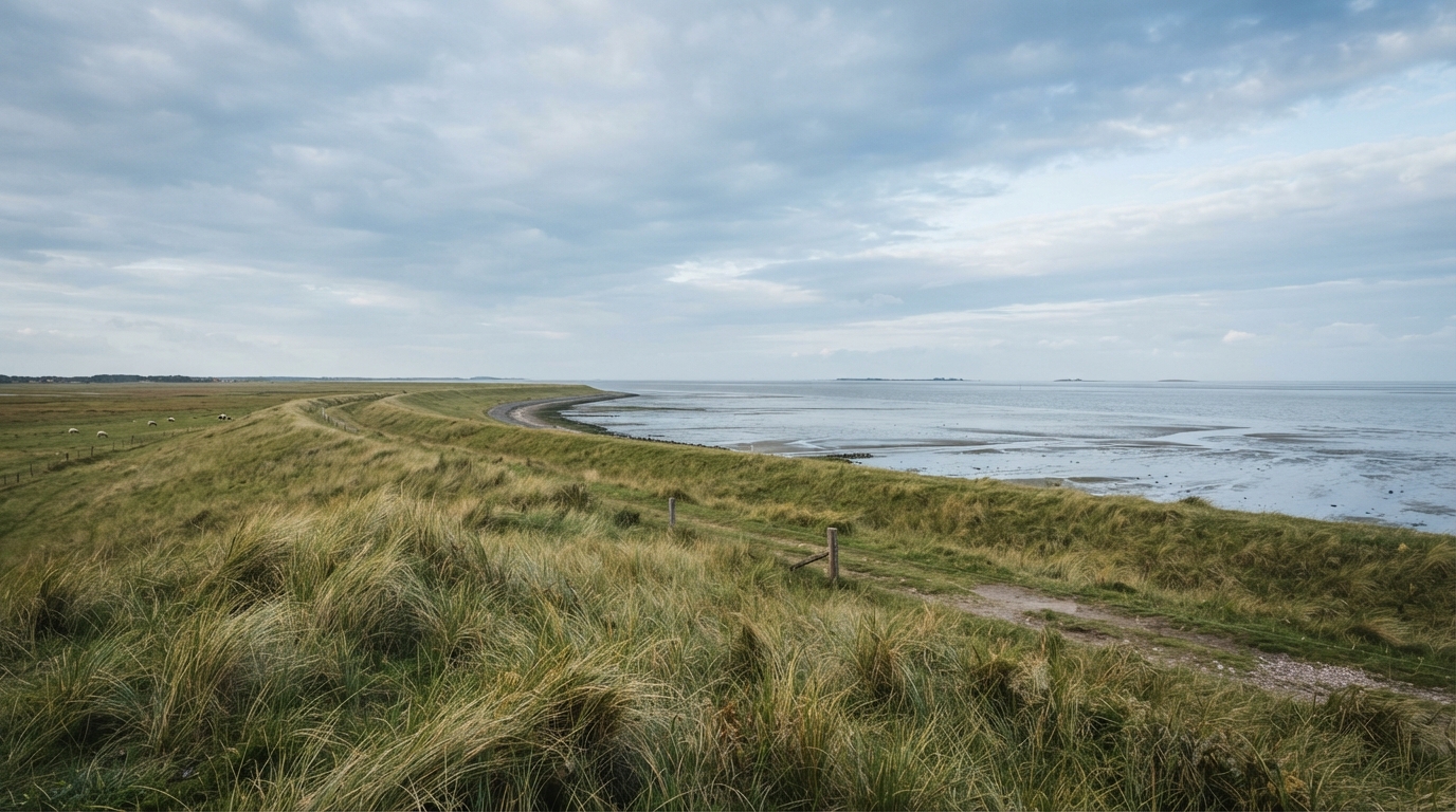 Nordfriesische Küstenlandschaft mit Deich und Strandhafer
