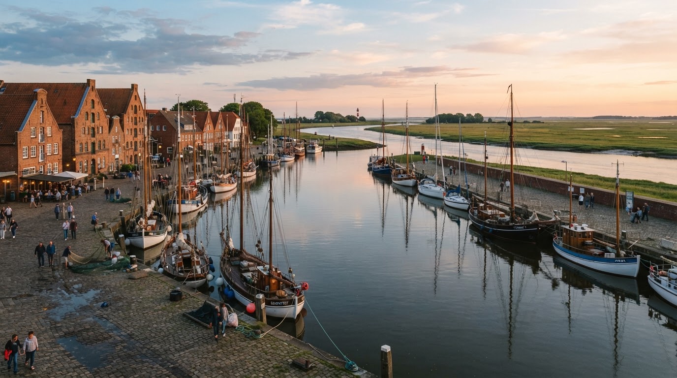 Hafen von Tönning an der Eidermündung mit liegenden Segelbooten