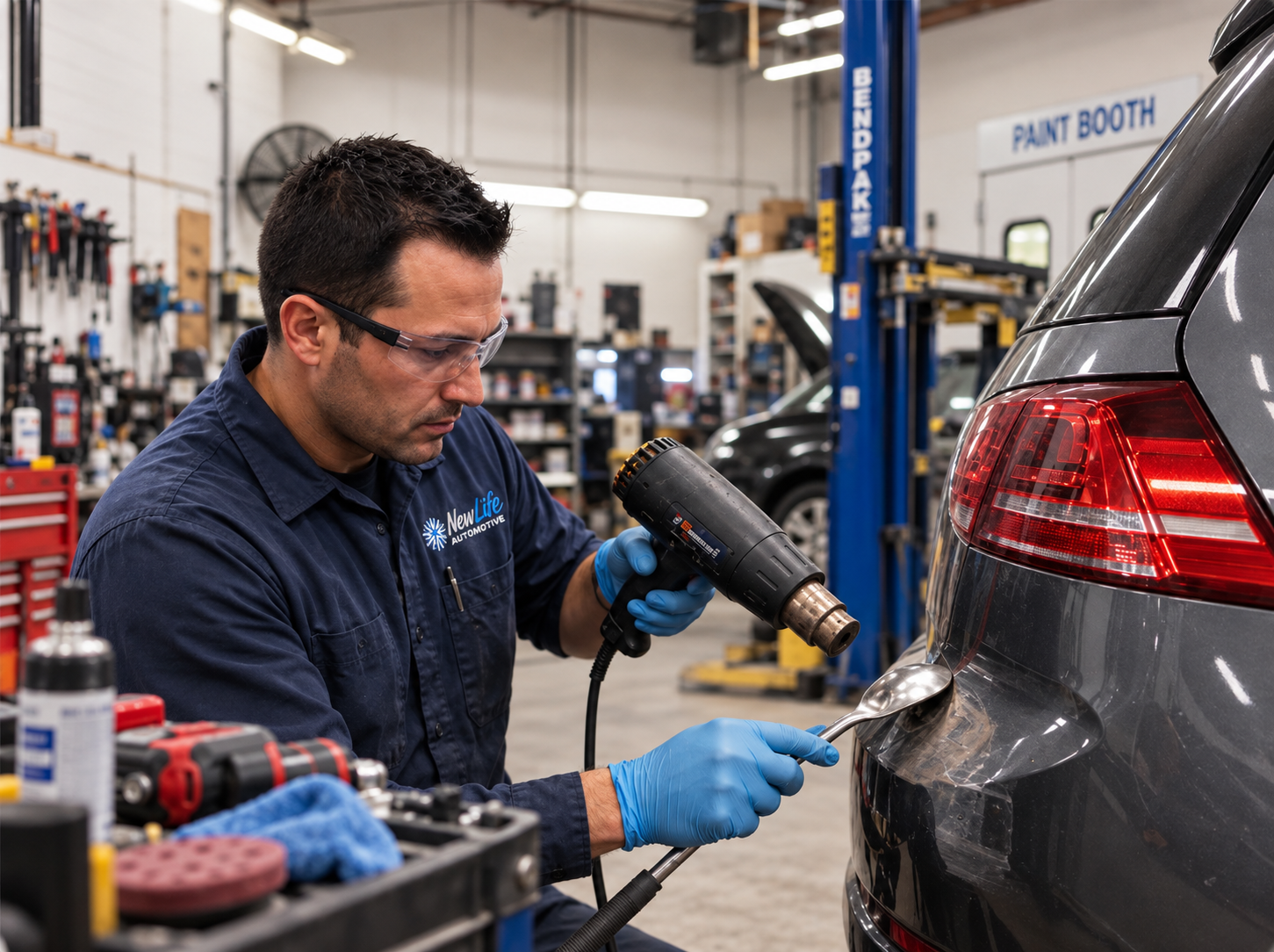 New Life Automotive technician in branded shirt using a heat gun and paintless dent removal tool on a vehicle at Fullerton, CA repair shop