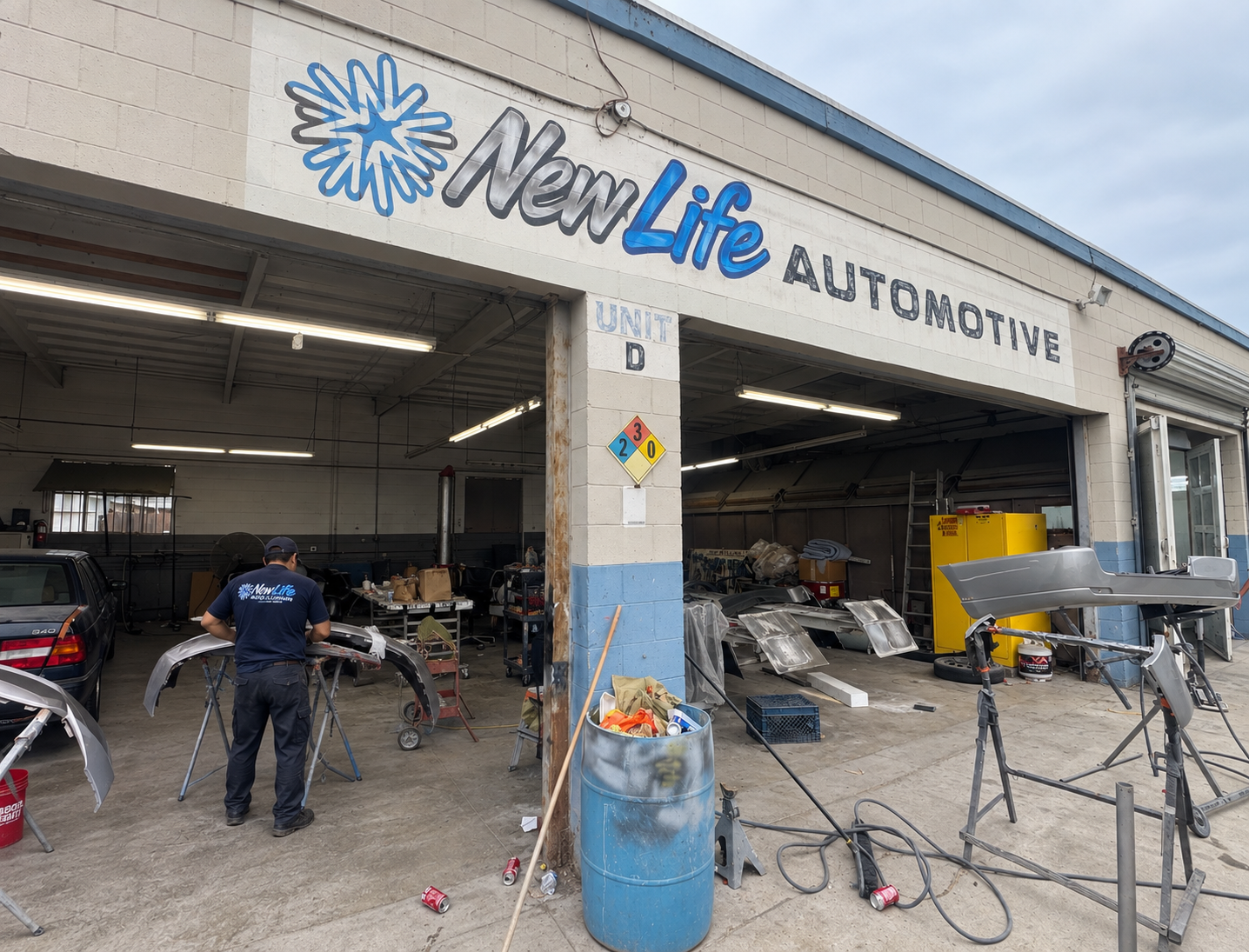 New Life Automotive storefront with Unit D bay doors open and technician in branded shirt working on bumper repair in Fullerton, CA